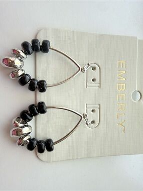 Emberly Black Bead Silver-Tone Teardrop Hoop Earrings